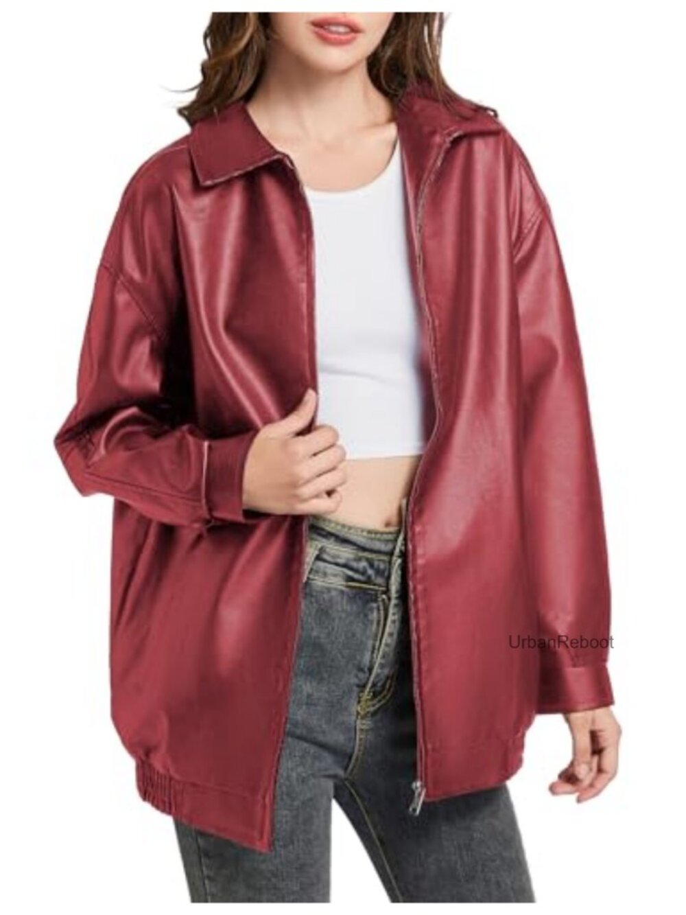 Faux Leather Moto Biker Jacket Oversized Bomber Coat Outerwear